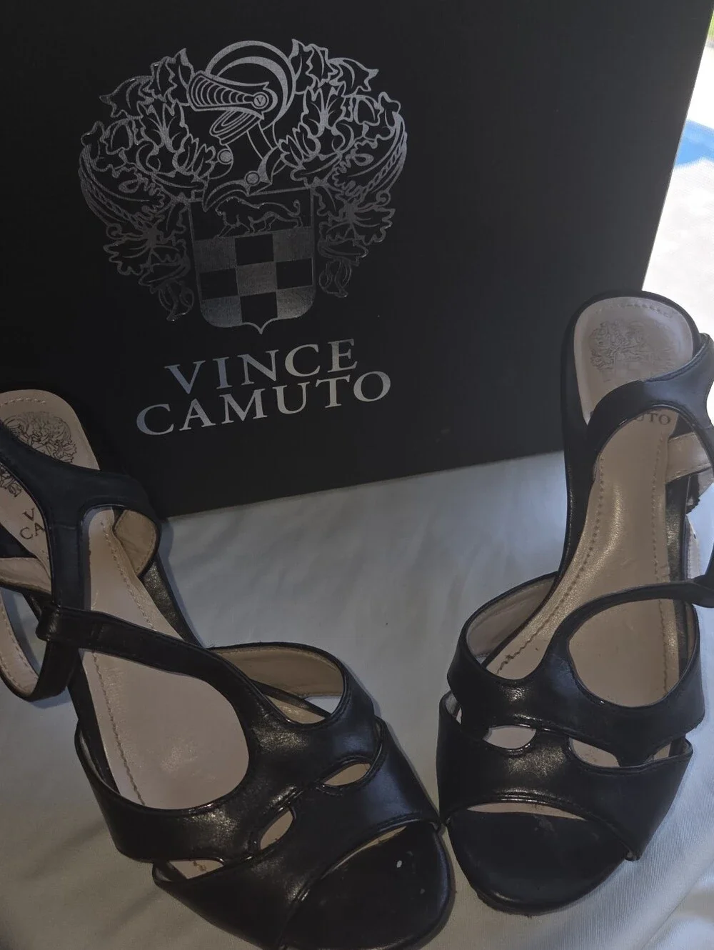 Vince Camuto Black Leather Peep-Toe Slingback Platform Heels